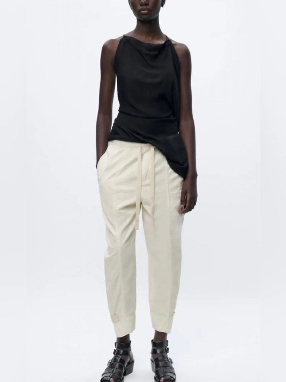 Zara Cream Drawstring Tapered Trousers